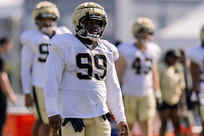 New Orleans Saints defensive tackle Khalen Saunders (99) at the Ochsner Sports Performance Center. Mandatory Credit: Stephen Lew-USA TODAY Sports